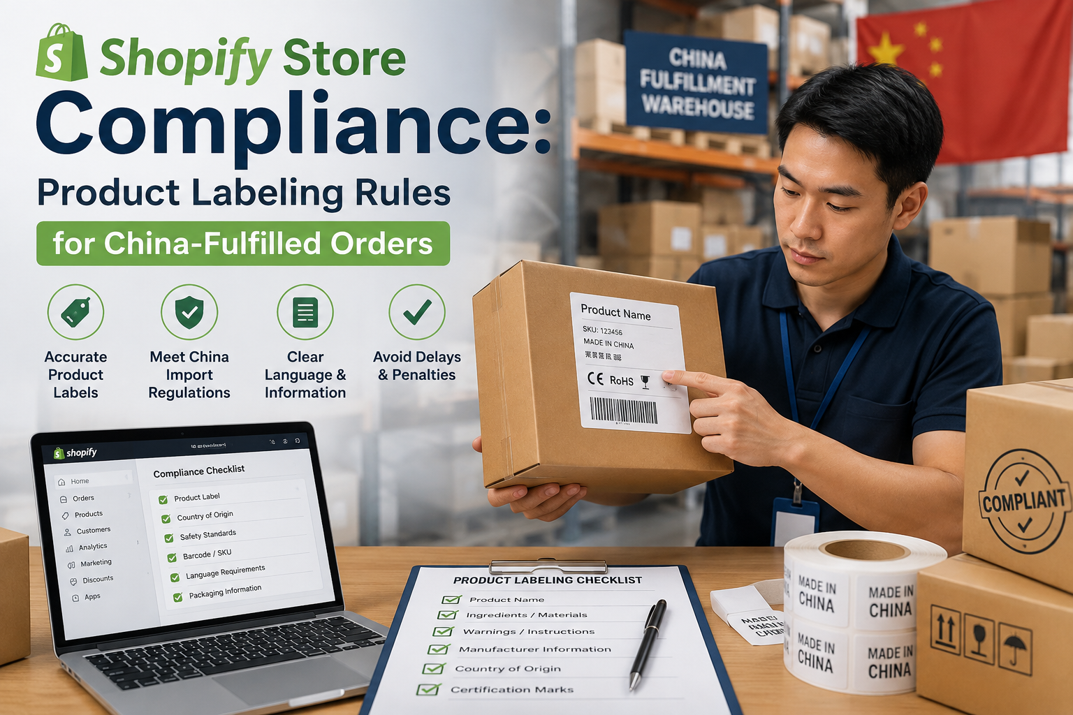 Shopify store compliance product labeling rules for China-fulfilled orders.
