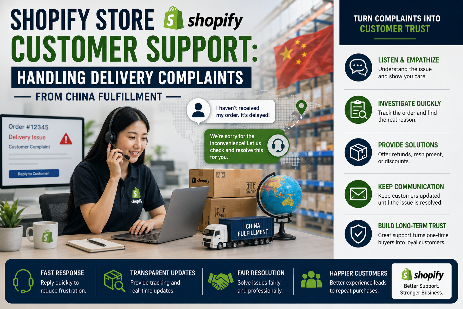 Shopify customer support handling delivery complaints from China fulfillment center