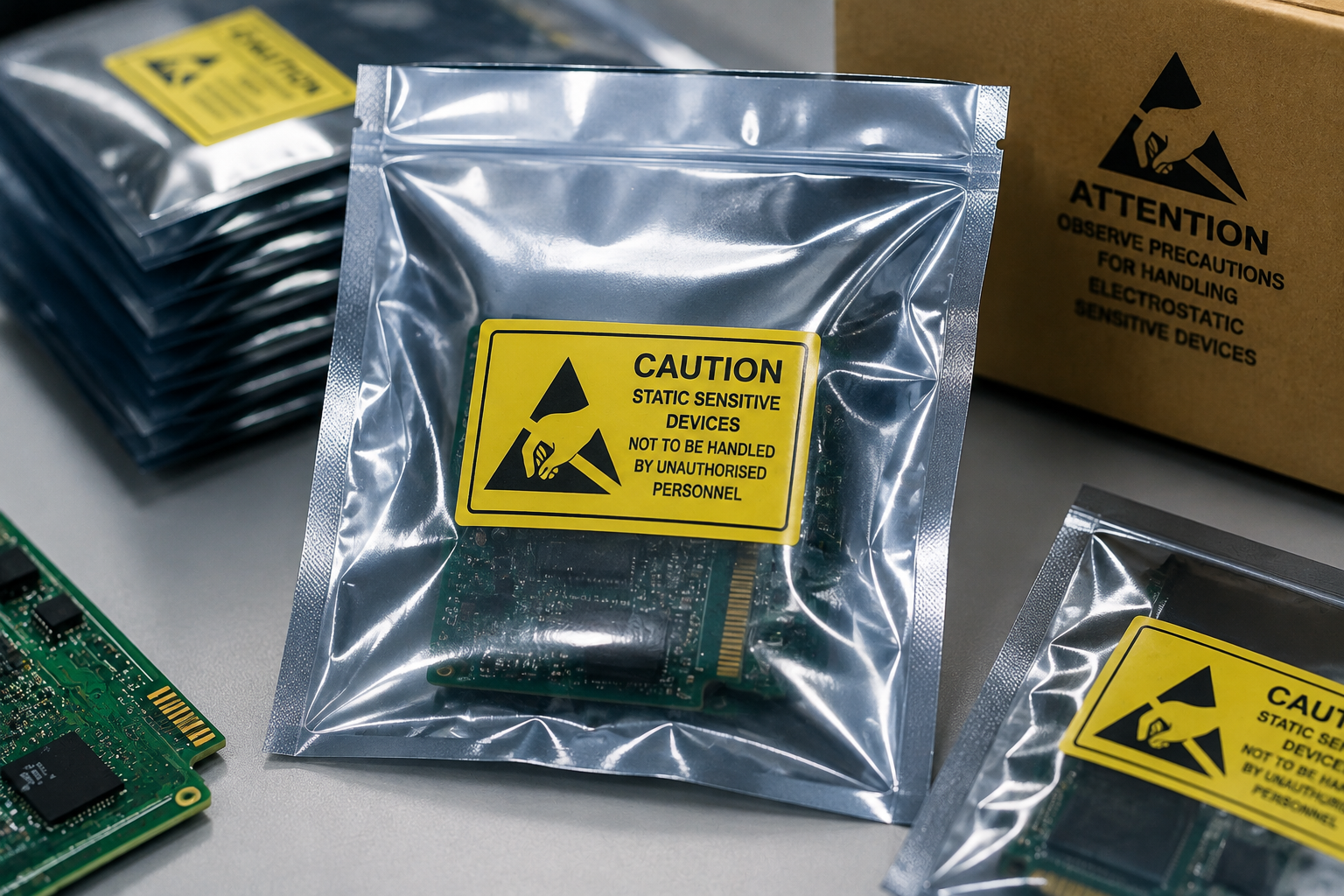 Electronics components packed in anti-static bags for safe storage and shipping.