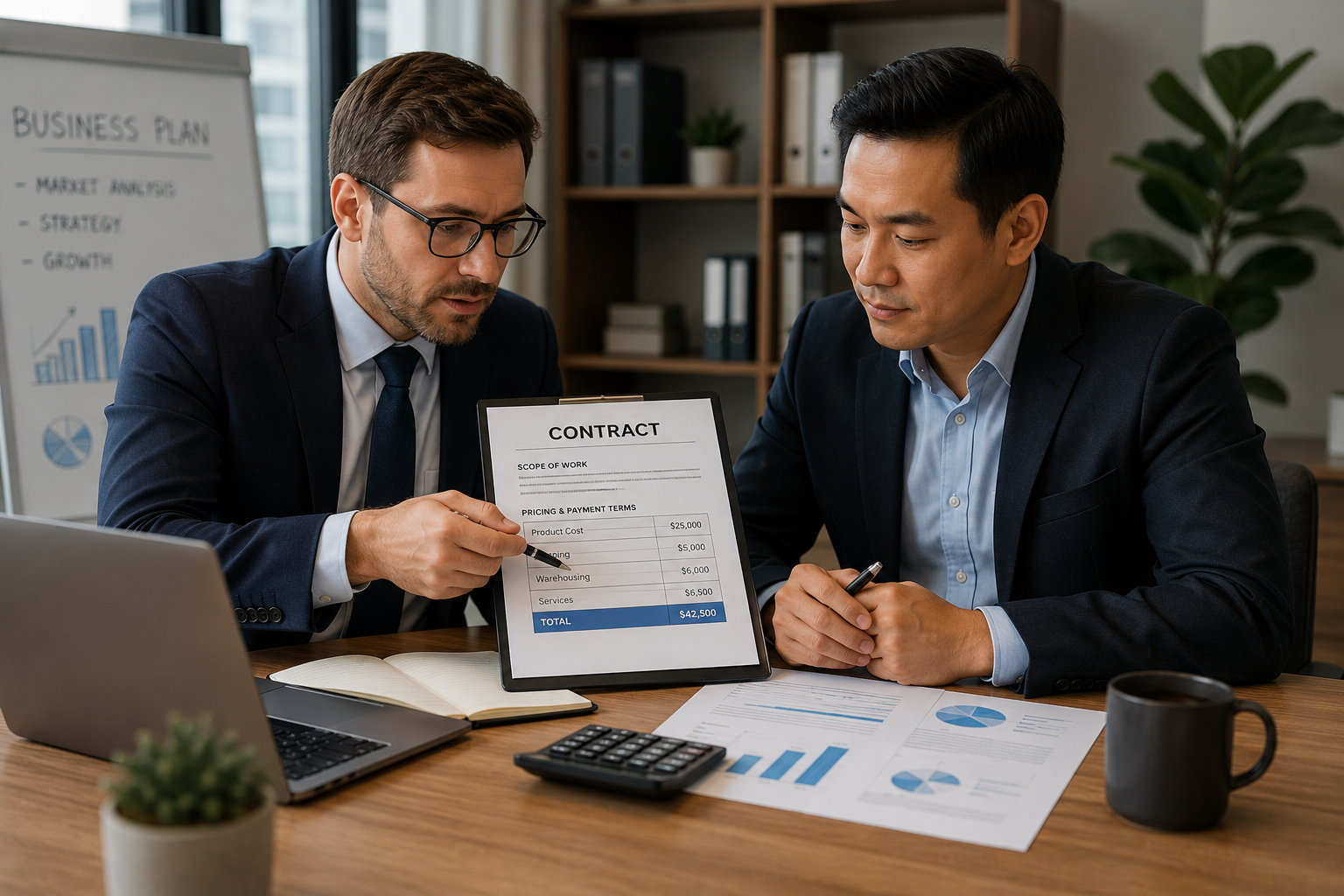 Business meeting discussing contract pricing and fulfillment rates