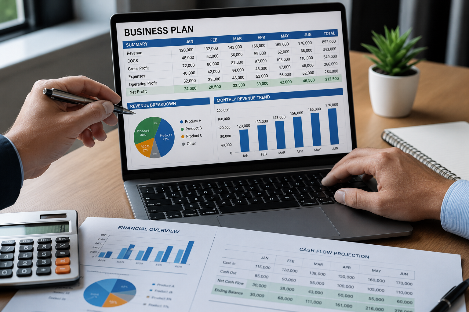 Business planning spreadsheet showing financial numbers, inventory costs, and logistics calculations.