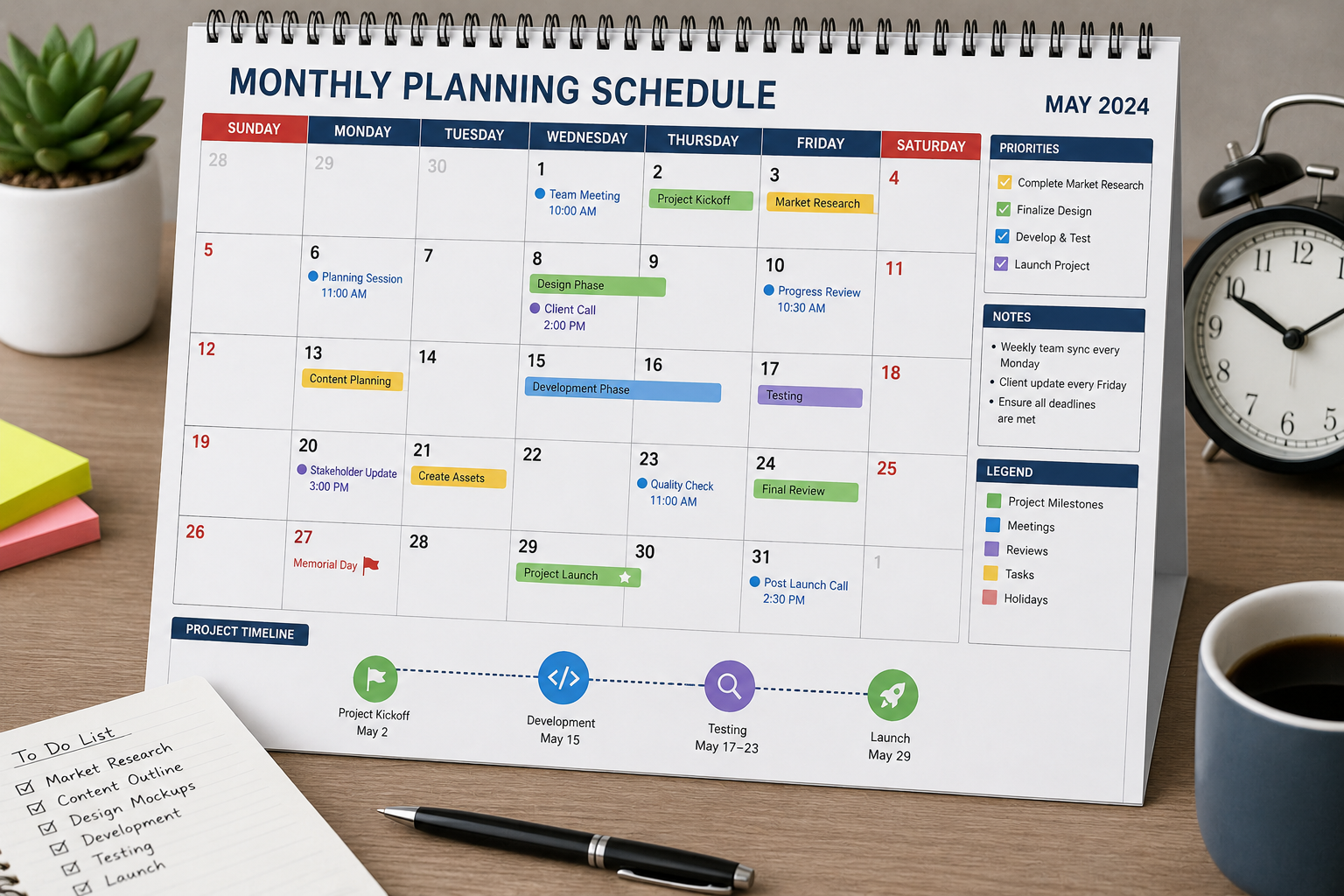 Calendar showing a planned timeline and schedule for organized tasks.