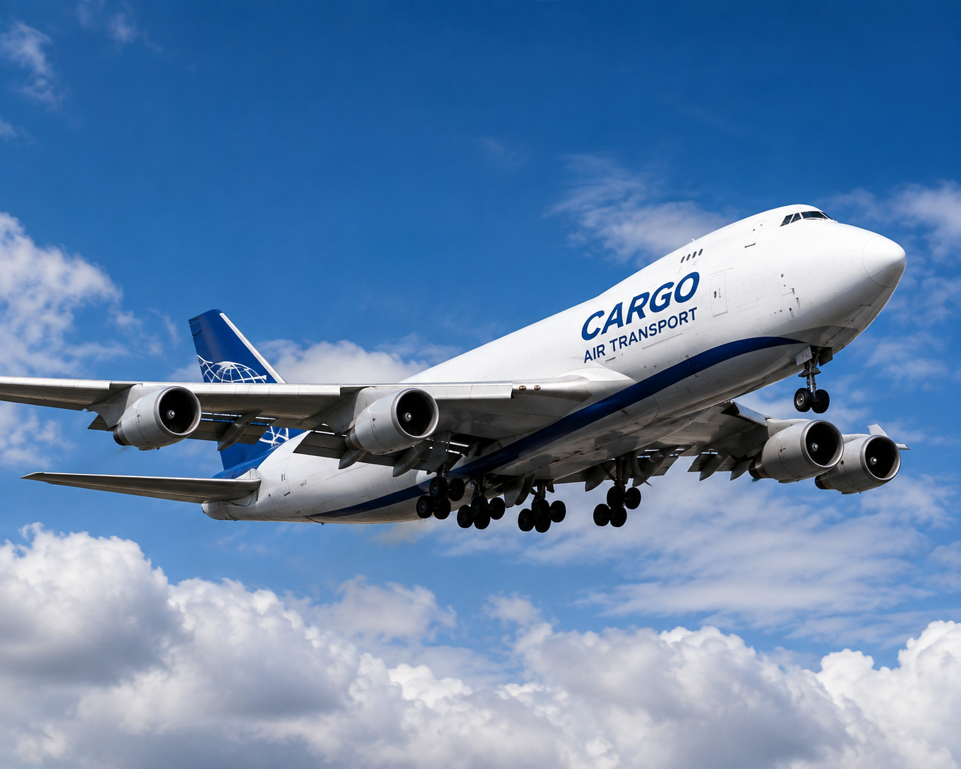 Cargo jet flying through the sky for international freight transport