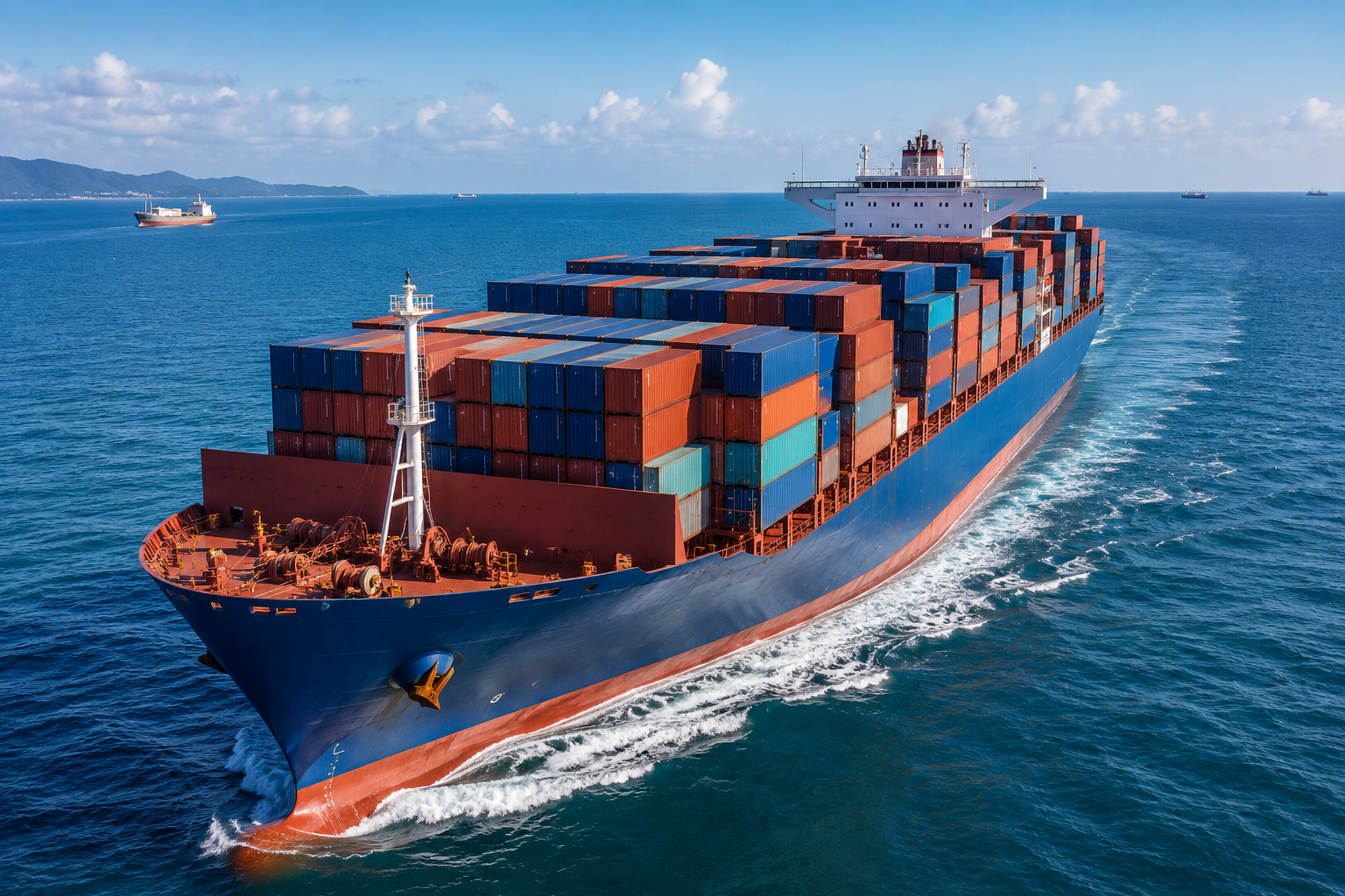 Cargo ship transporting shipping containers through ocean freight.