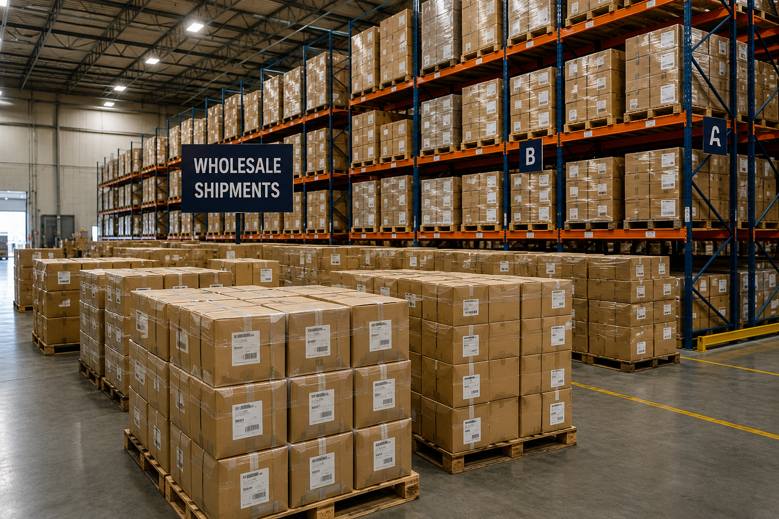 Wholesale case-packed boxes stacked on pallets in a warehouse.