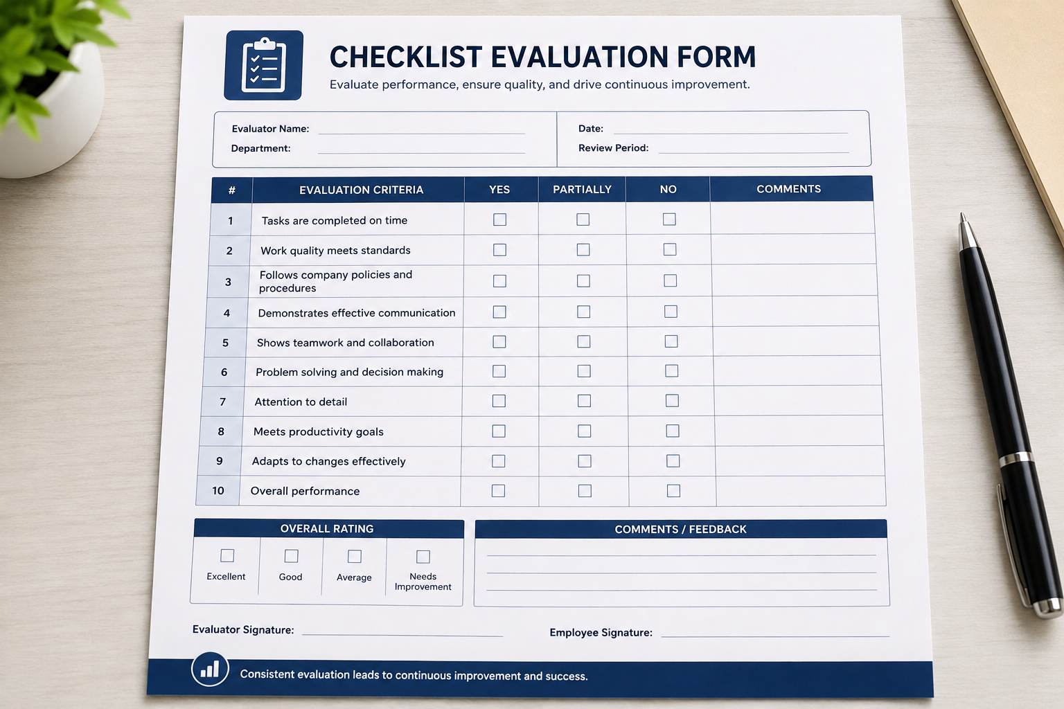 Business checklist evaluation form with performance review items and assessment fields.