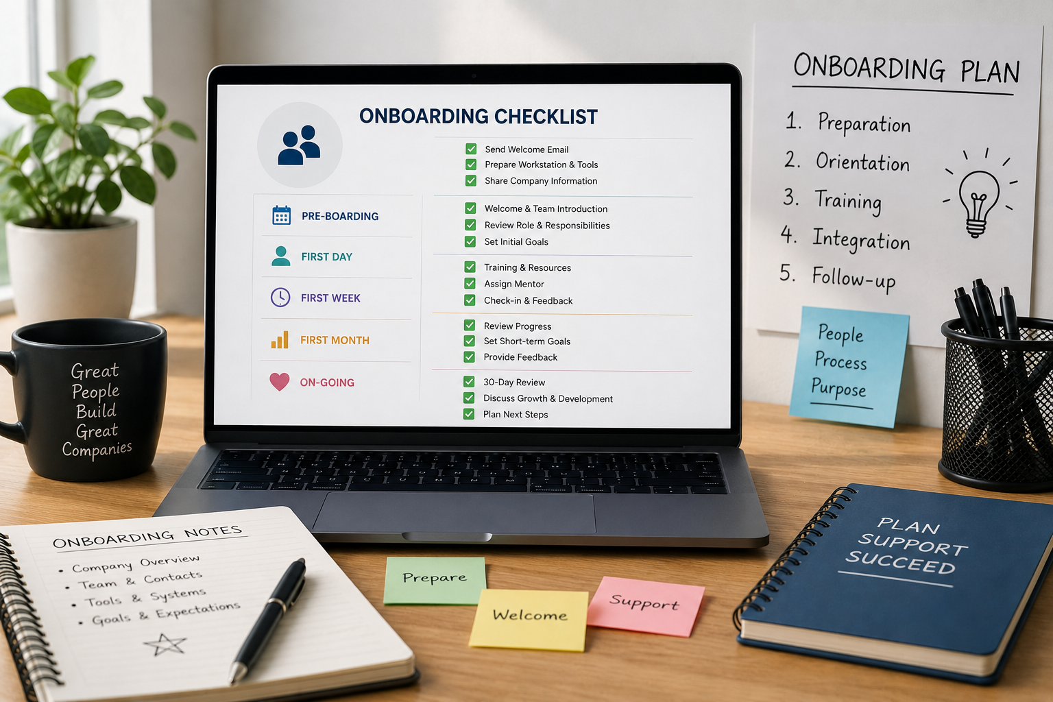 Onboarding checklist and planning tasks displayed on a laptop in an office setting.