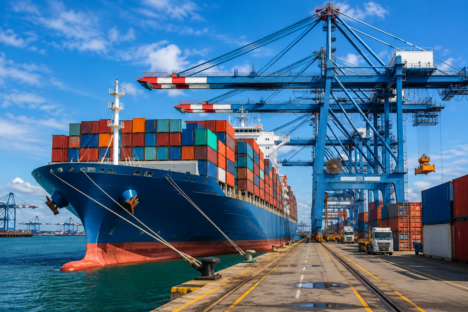 Container ship arriving at an ocean port terminal for cargo delivery