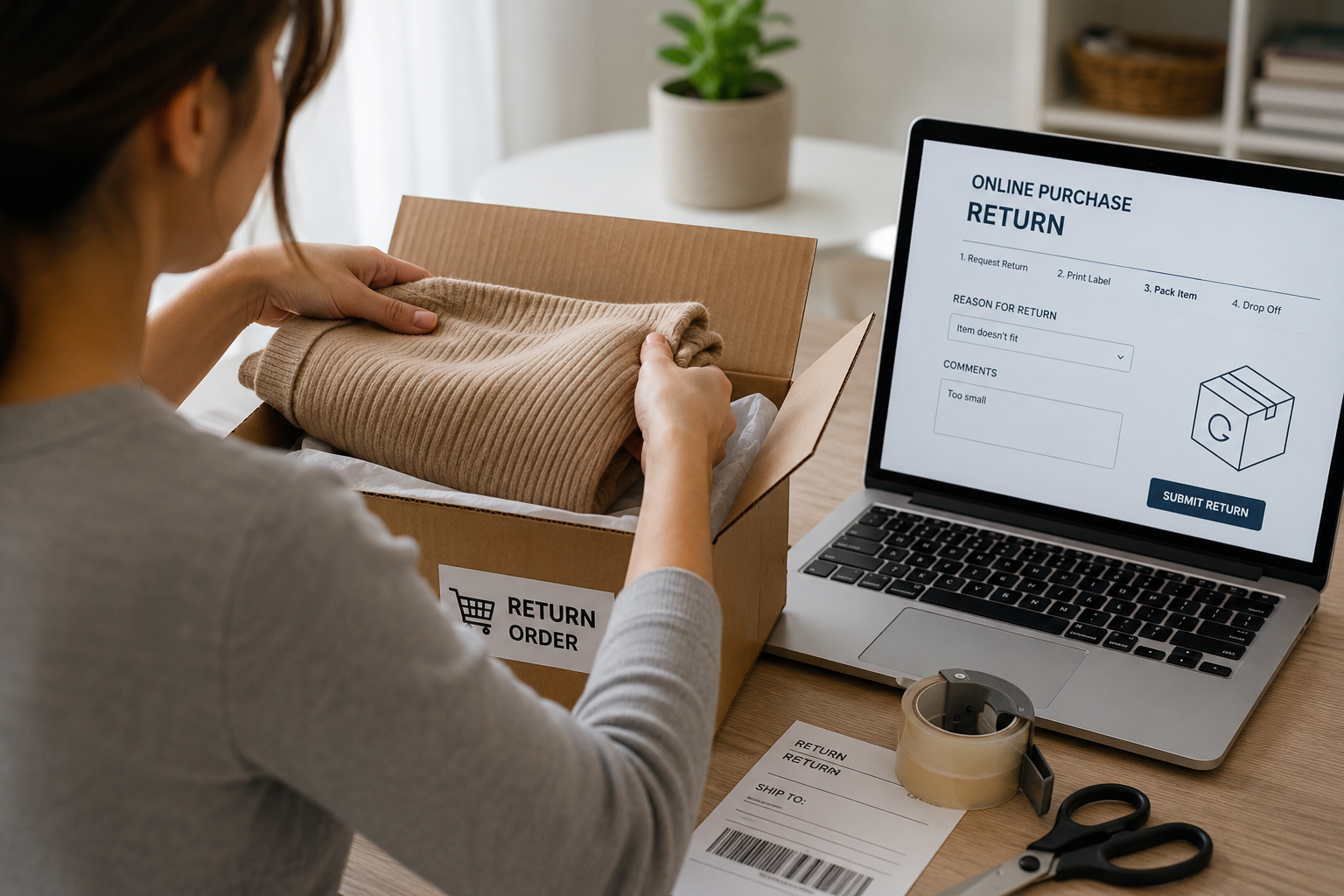 Customer packing a return box for an online purchase.