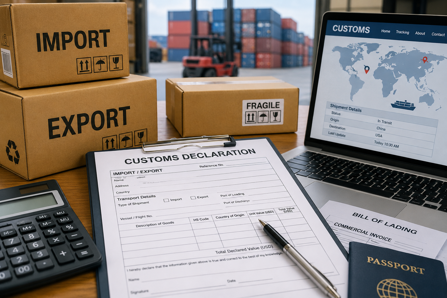Boxes prepared for customs declaration and import-export shipping.