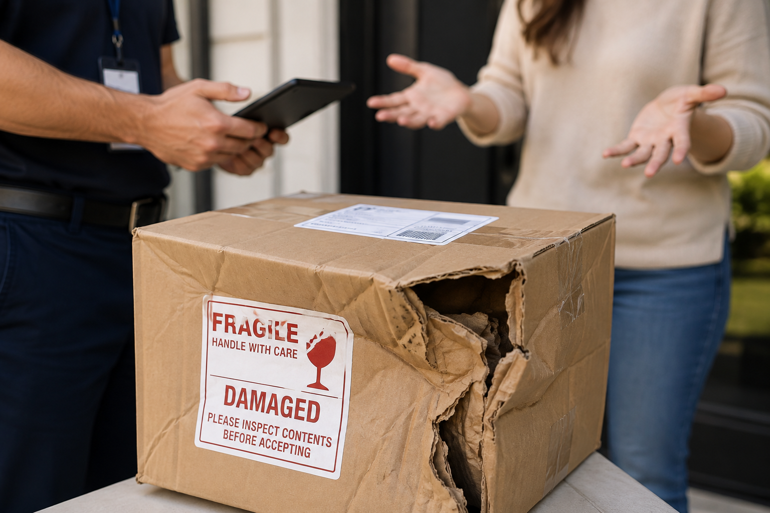 Damaged package box showing a delivery problem during shipment