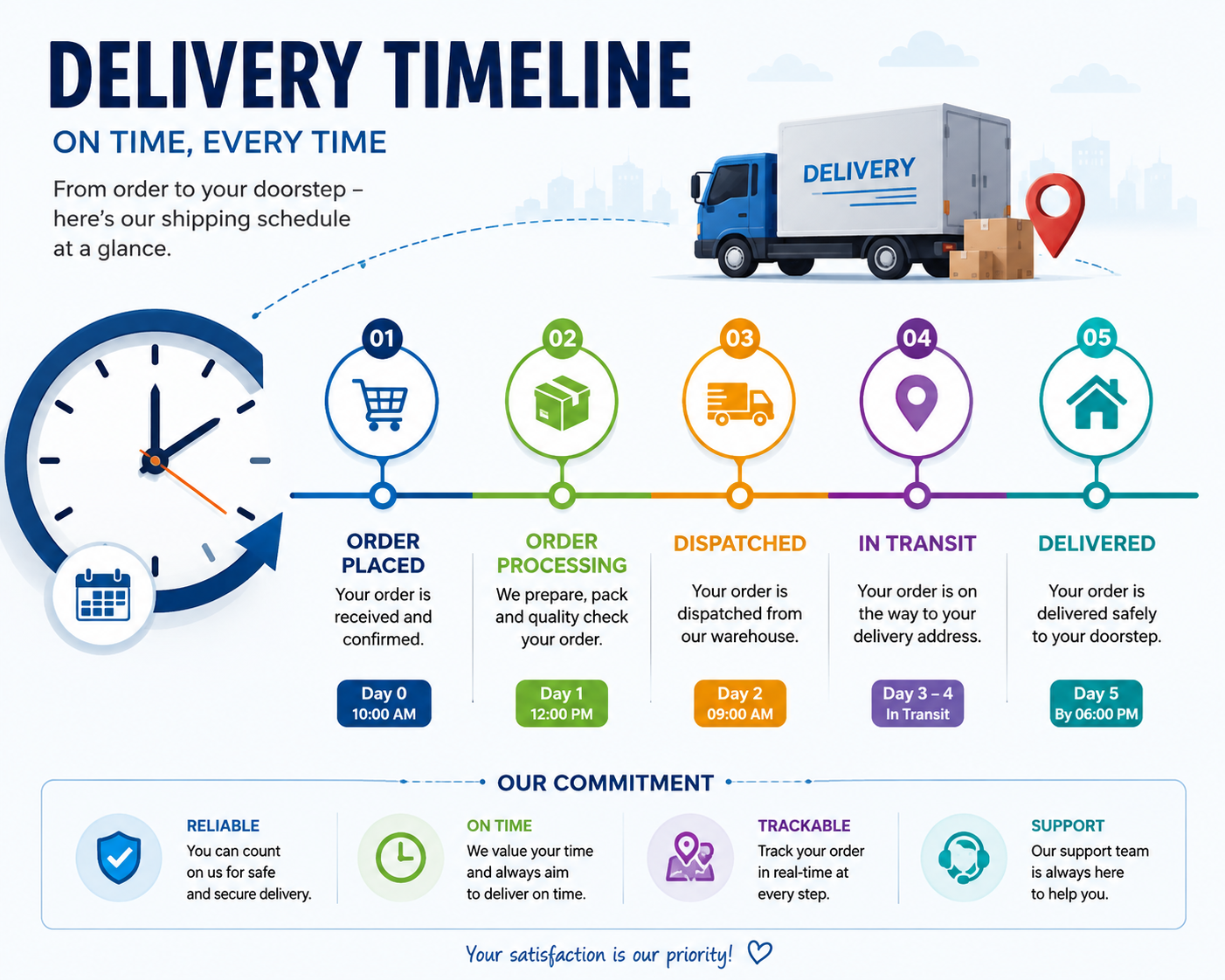 Delivery timeline clock and shipping schedule logistics