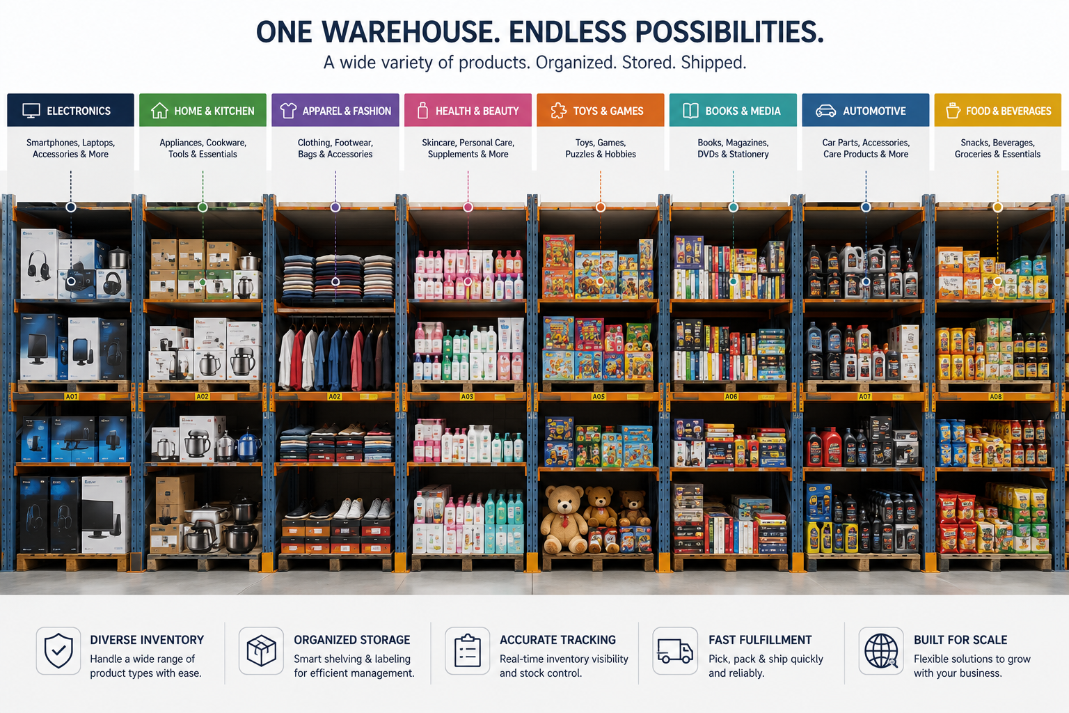 Warehouse shelves stocked with different product types and inventory.