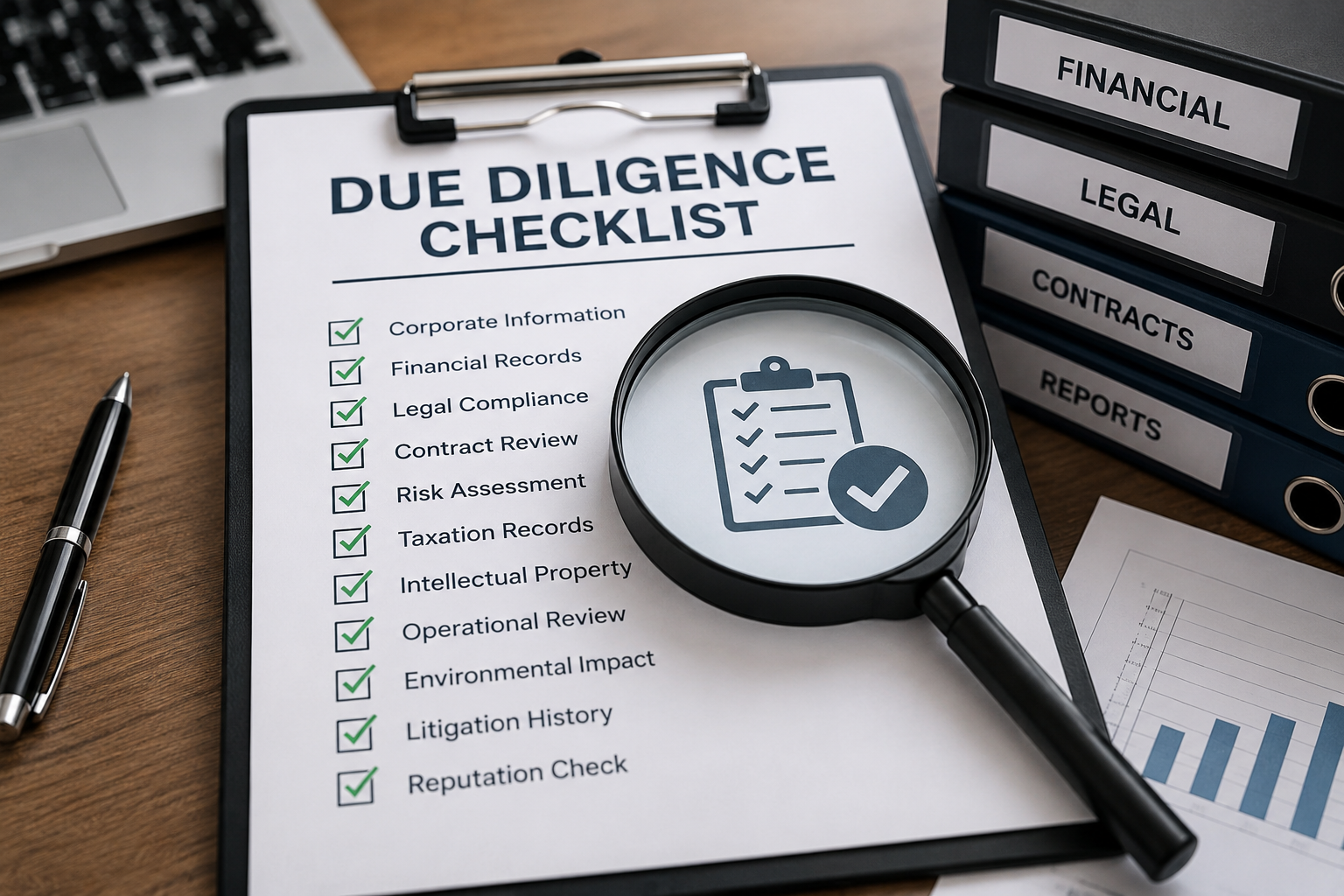 Due diligence checklist with magnifying glass for evaluating a business partner.