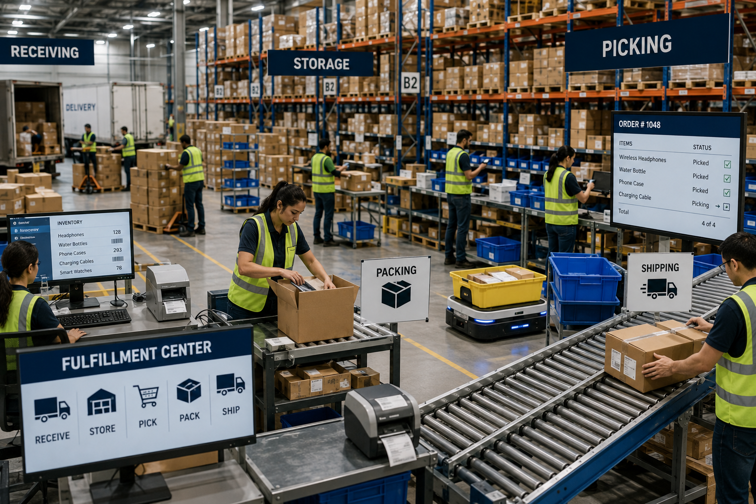 E-commerce warehouse fulfillment center managing inventory, order processing, and shipping operations.