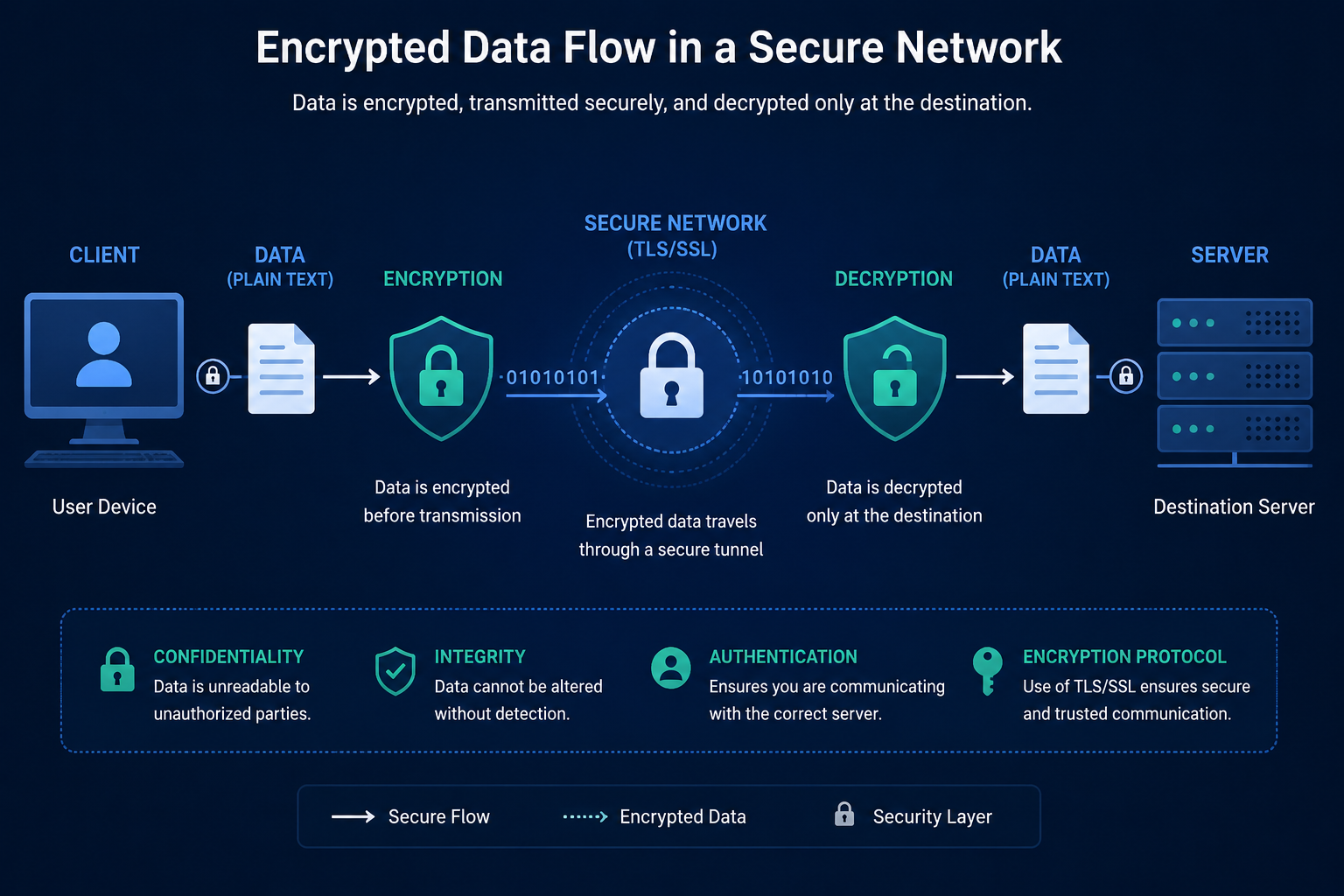 Encrypted data flow through a secure network diagram showing protected information transfer between systems.