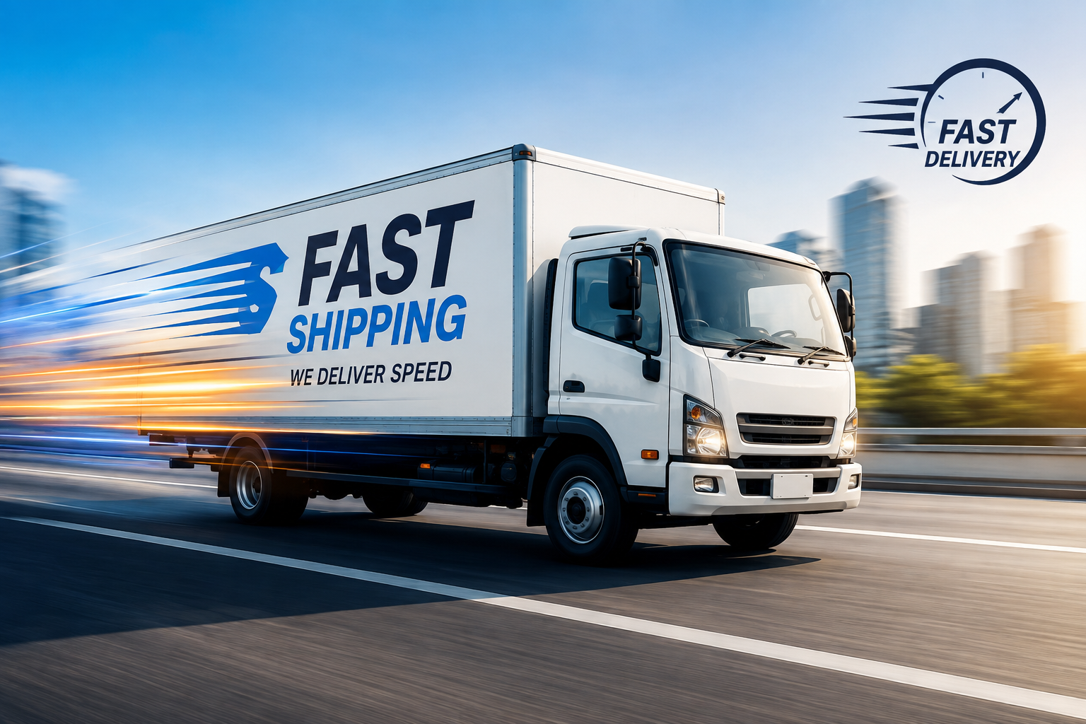 Fast delivery truck speeding on the road for express shipping.