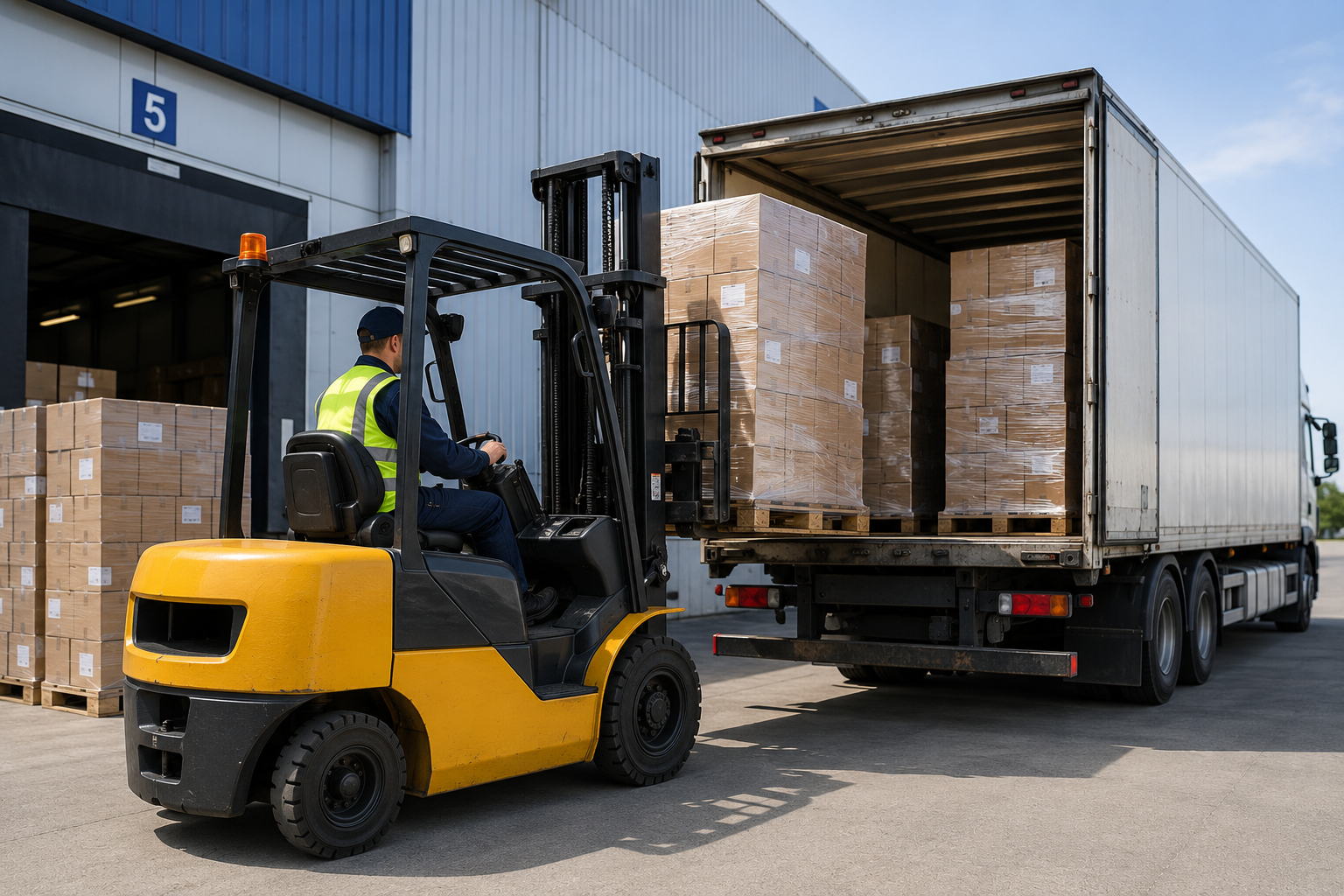 Forklift loading palletized boxes into a warehouse delivery truck.