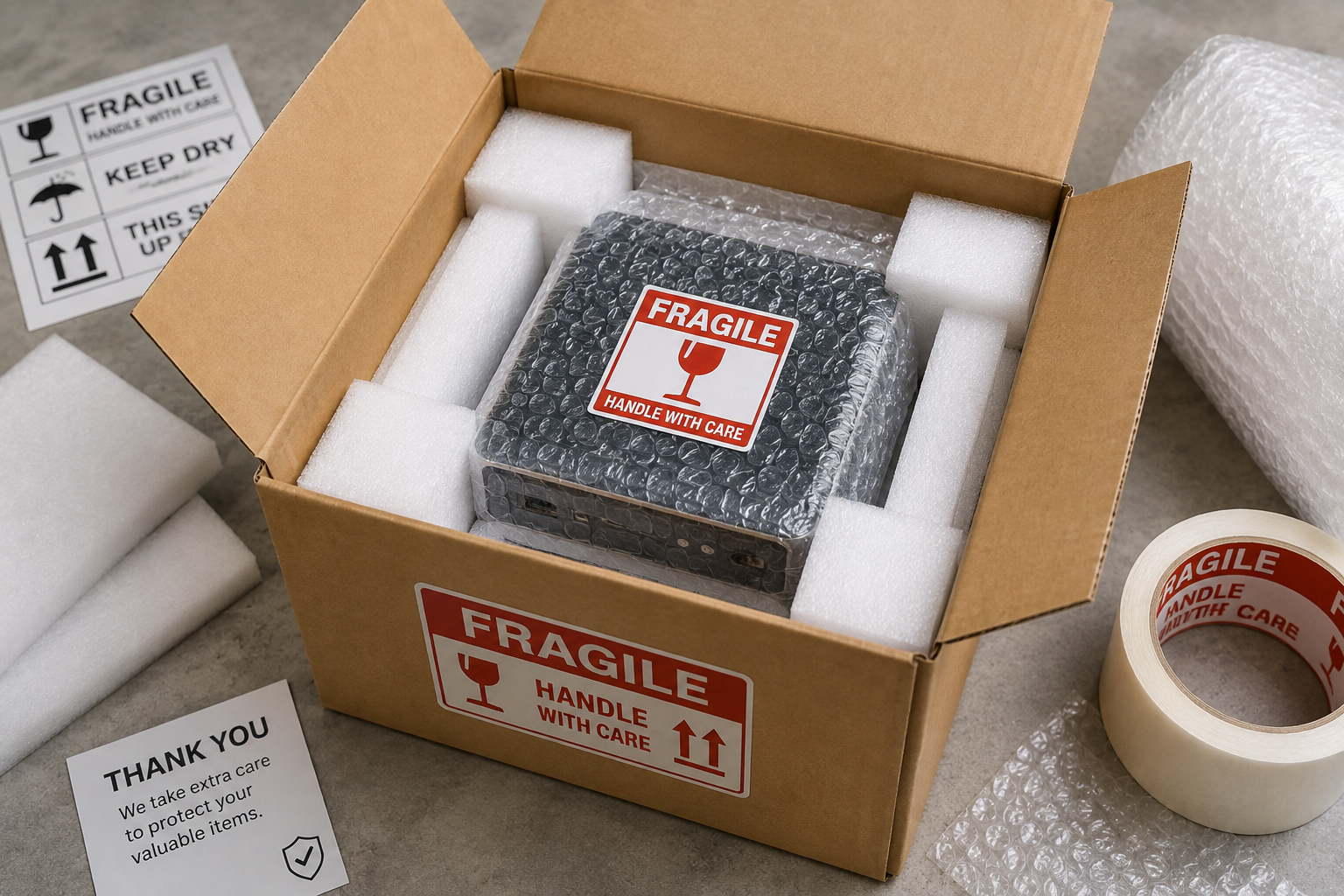 Fragile electronics protected with bubble wrap and foam packaging for safe shipping.