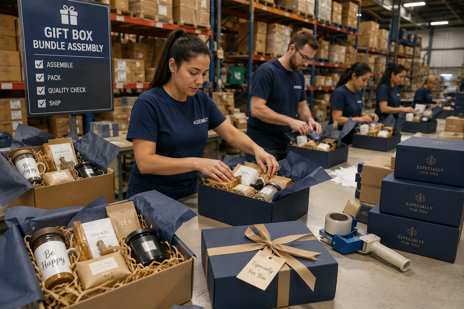Gift box bundle assembly in a modern warehouse with organized packing stations and packaged products.Gift box bundle assembly in a modern warehouse with organized packing stations and packaged products.