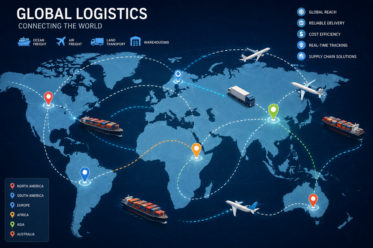 Global logistics and international shipping routes shown on a world map