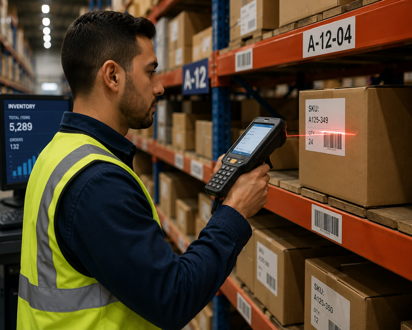 Warehouse worker using a handheld scanner to track inventory.