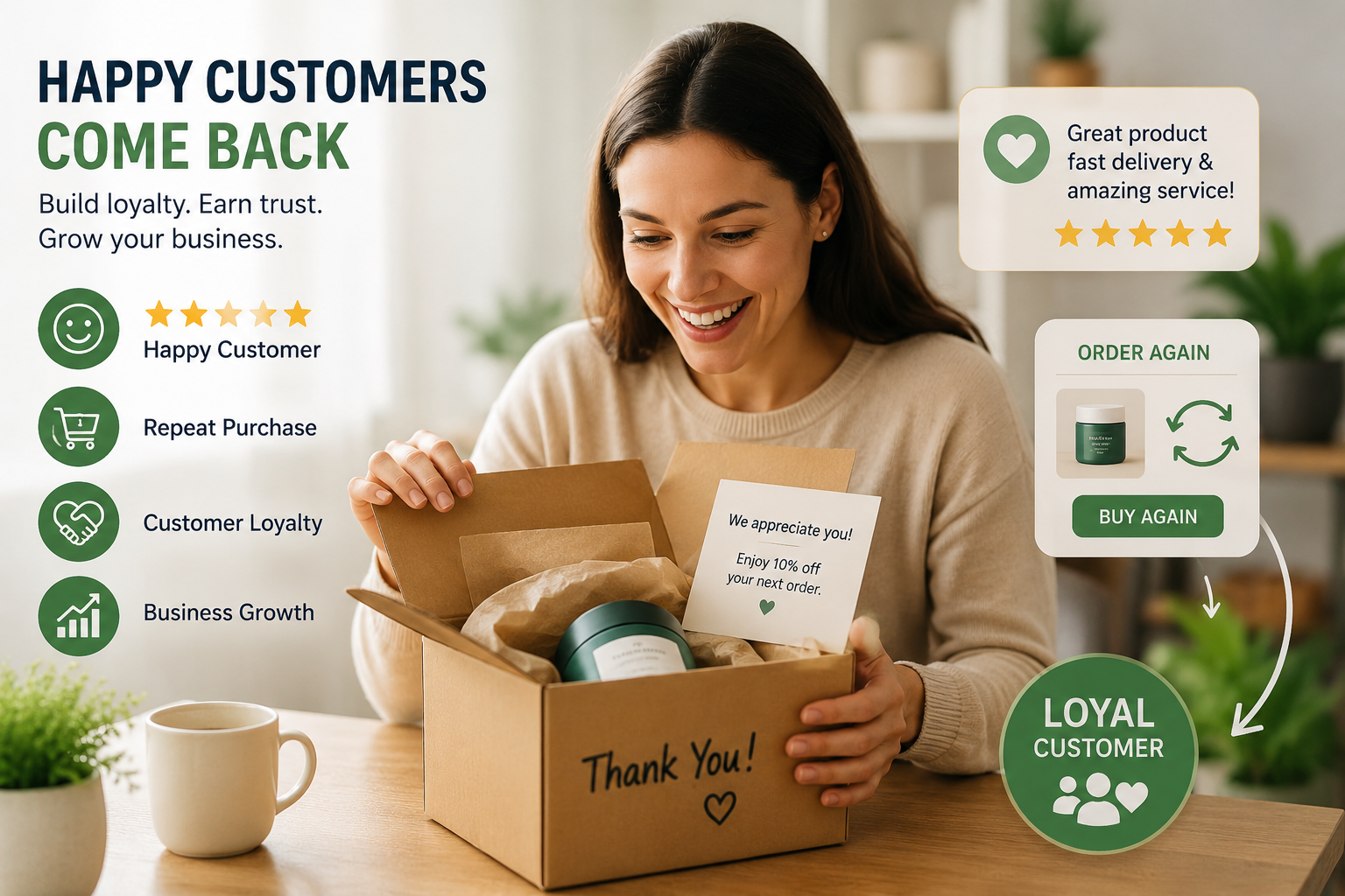 Happy customer loyalty and repeat purchases driven by reliable service and positive shopping experiences.