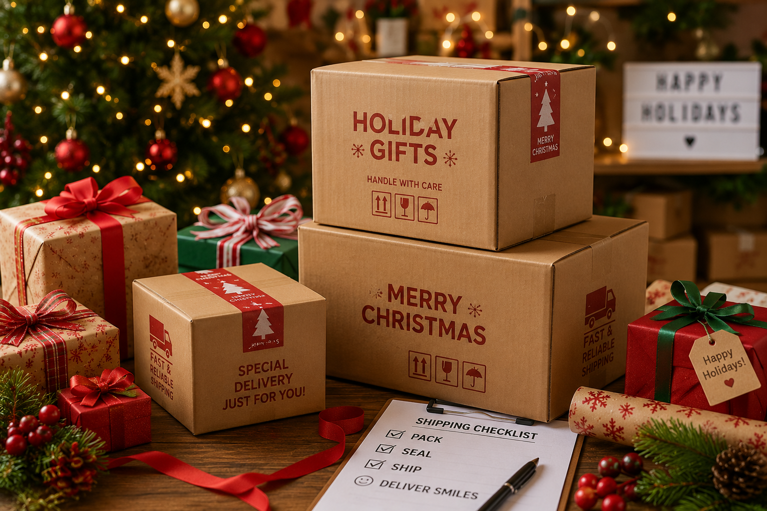 Holiday gifts and Christmas shipping boxes prepared for seasonal order fulfillment and delivery.Holiday gifts and Christmas shipping boxes prepared for seasonal order fulfillment and delivery.