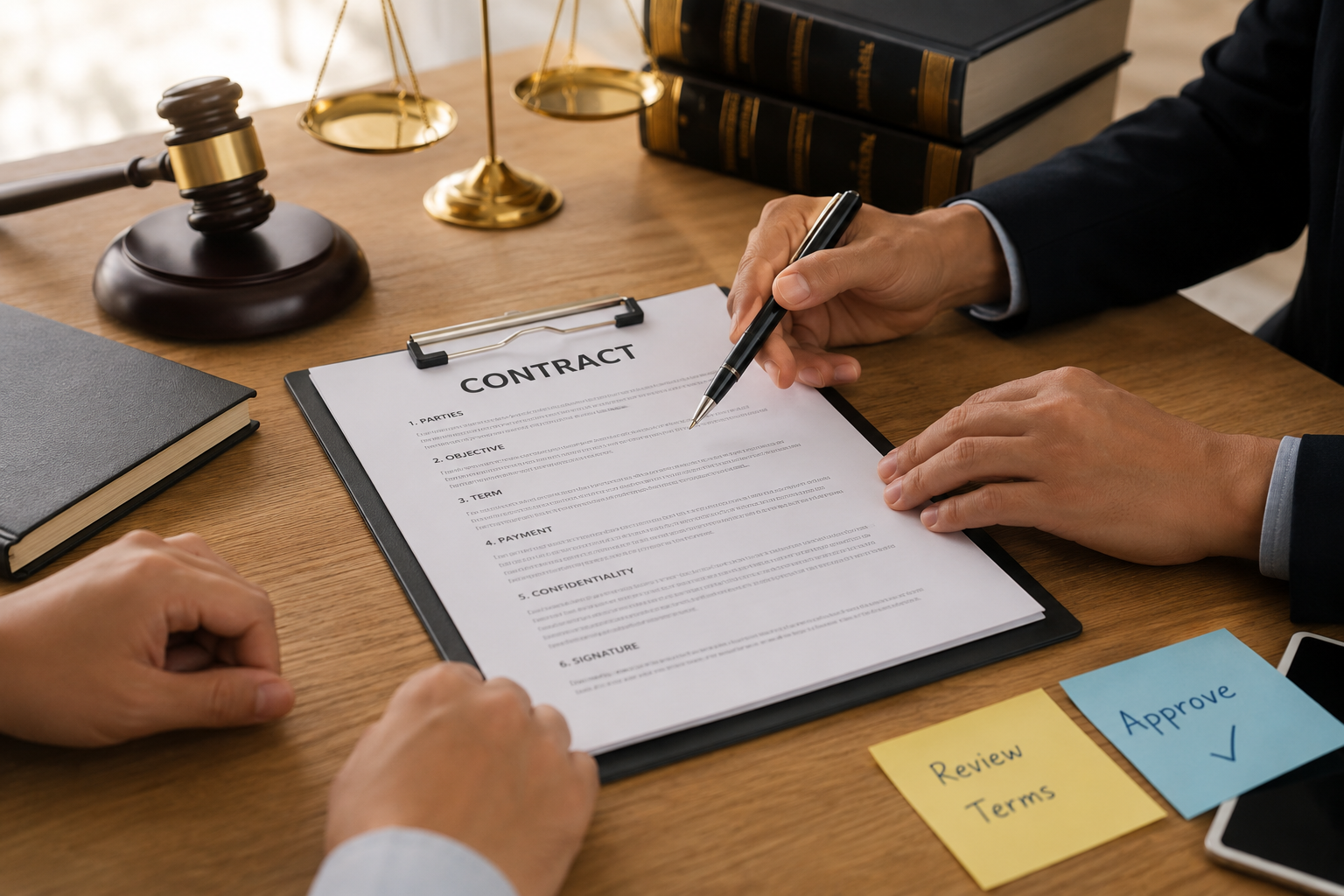 Legal professionals reviewing and discussing a business contract document before signing.