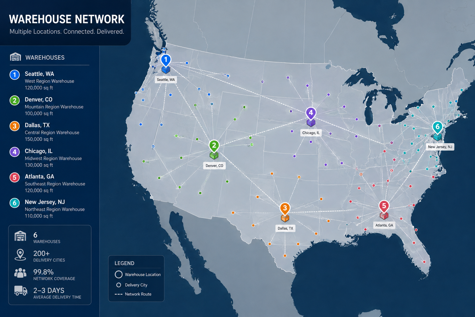 Multiple warehouse locations connected across a logistics network map
