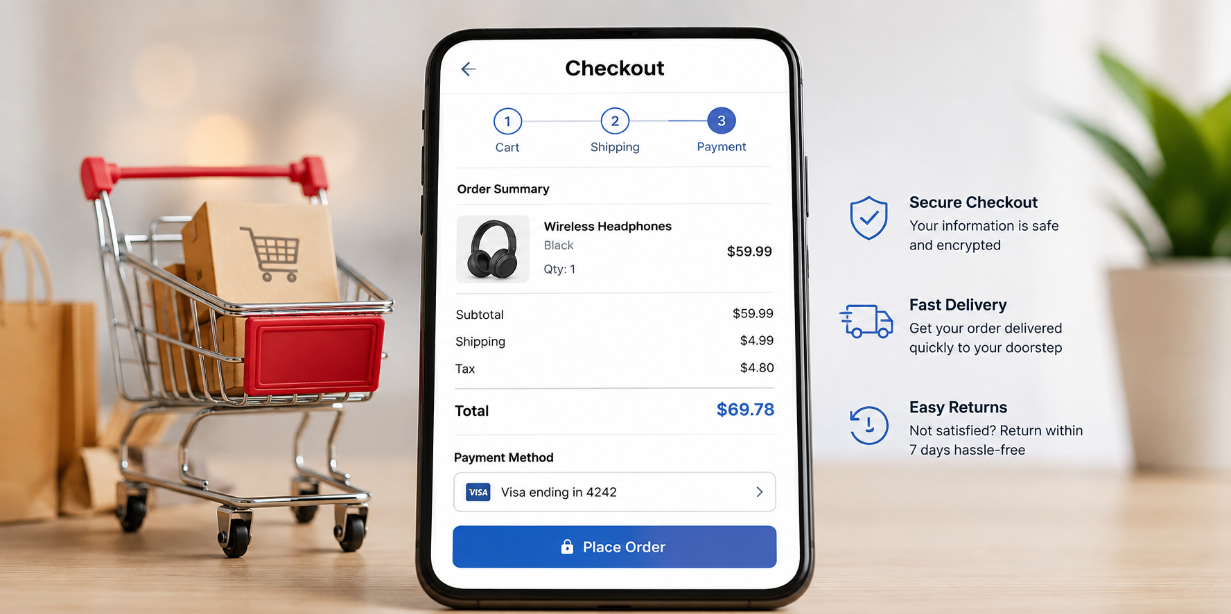 Online shopping cart checkout on mobile phone
