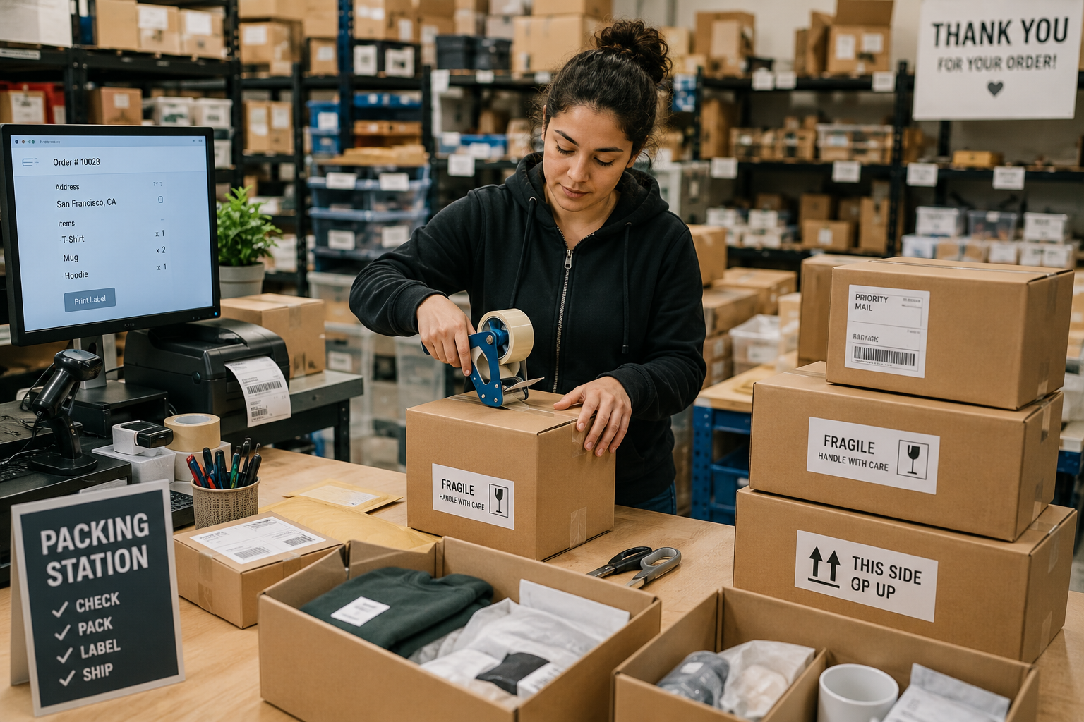 Packing station with multiple boxes and items prepared for shipment.