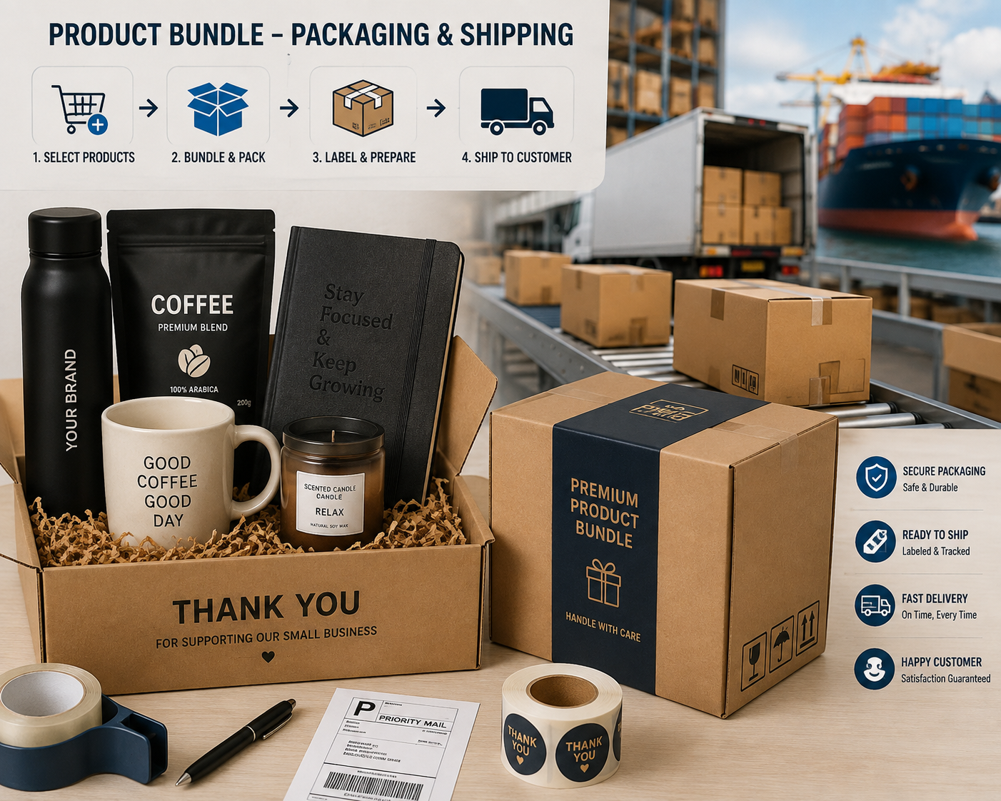 Product bundle boxes prepared for packaging and shipping from a fulfillment warehouse.
