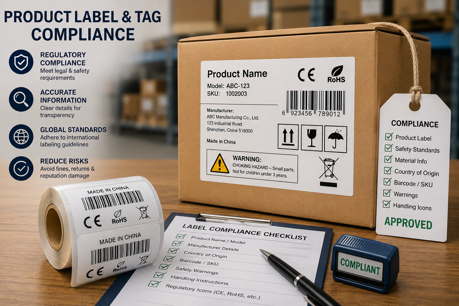 Product labels and tags on compliant retail packaging for China-fulfilled orders.