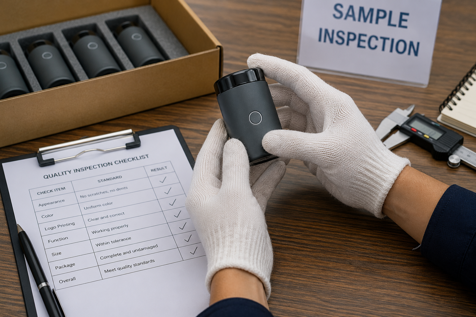 Hands inspecting a product sample for quality control