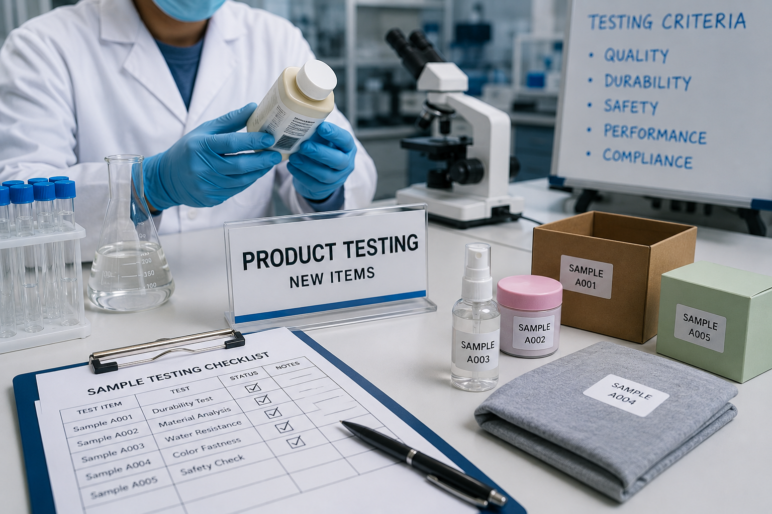 Product testing lab with samples of new items for quality evaluation.