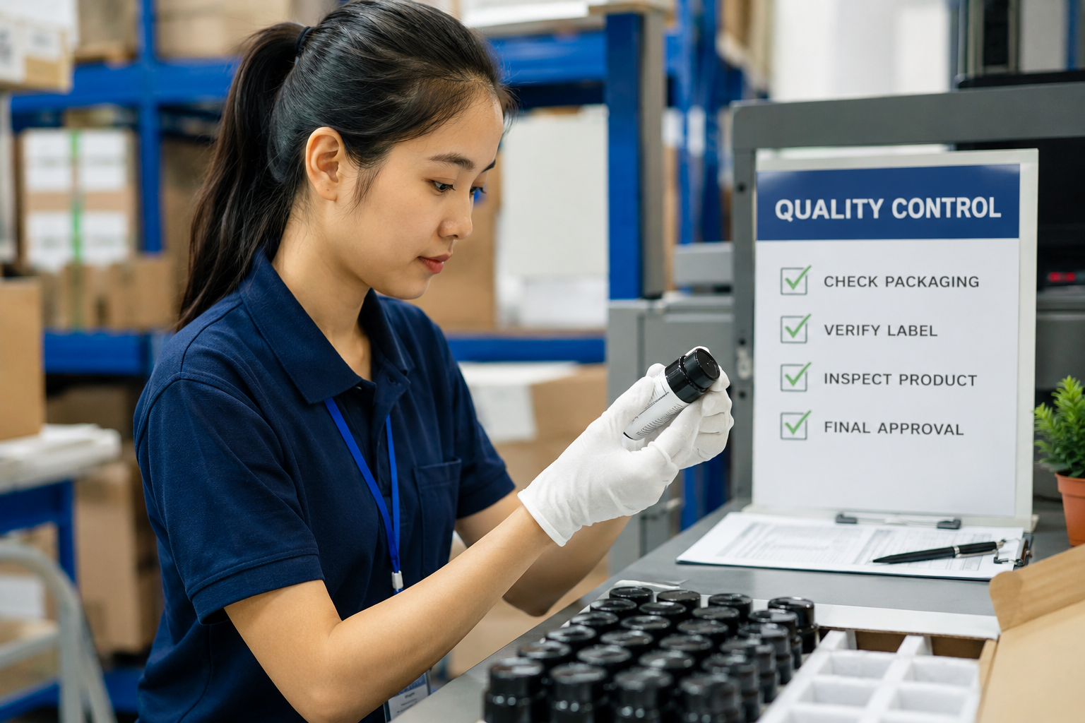 Quality control worker inspecting a product for defects and ensuring manufacturing standards.