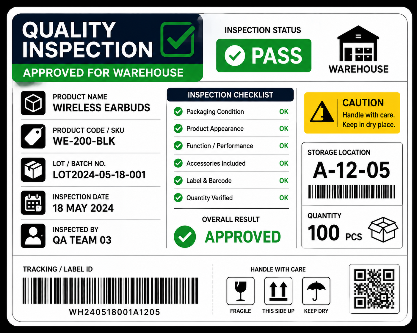 Quality inspection process with product warehouse label and inventory checking