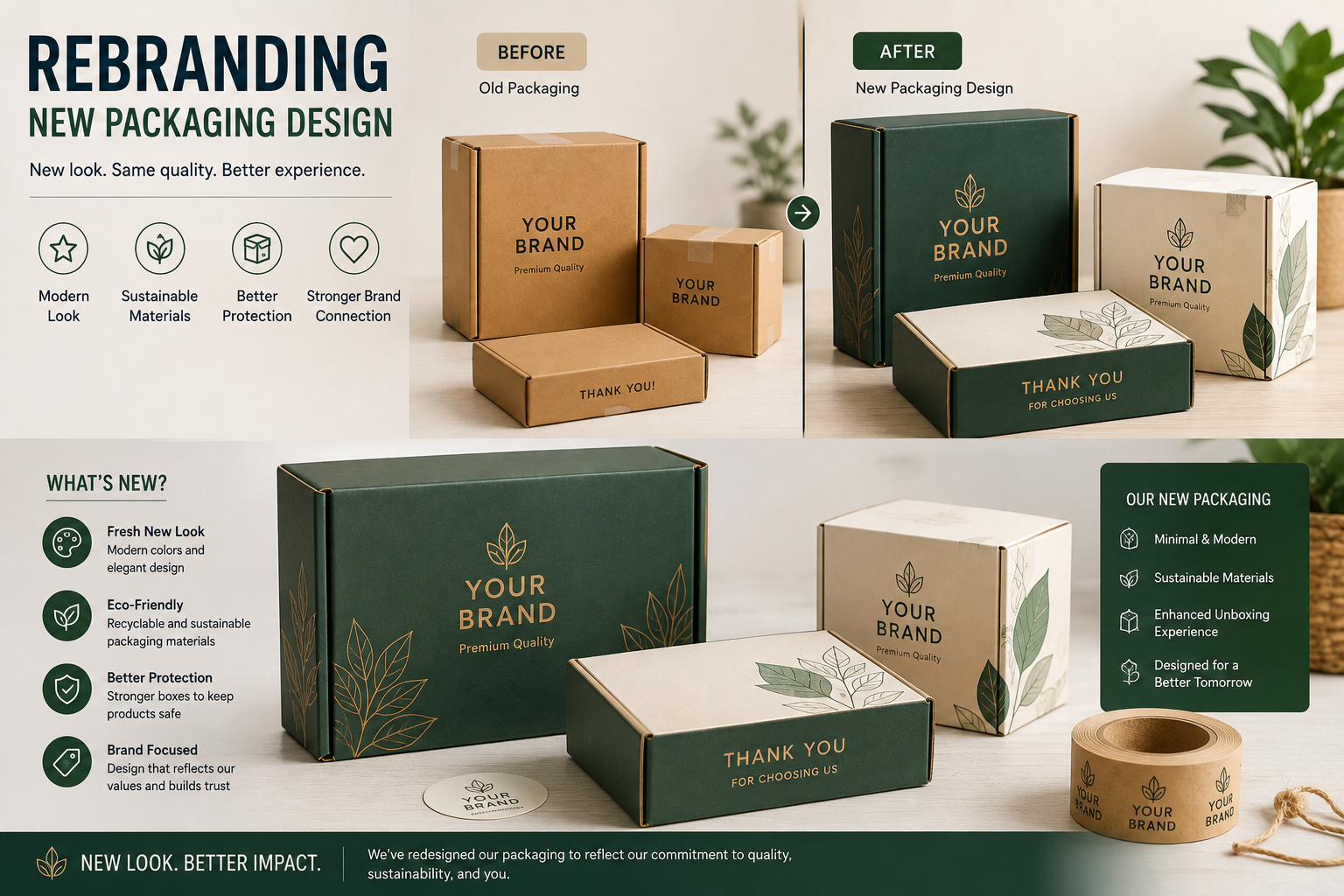 New branded packaging boxes being designed for a rebranding update.