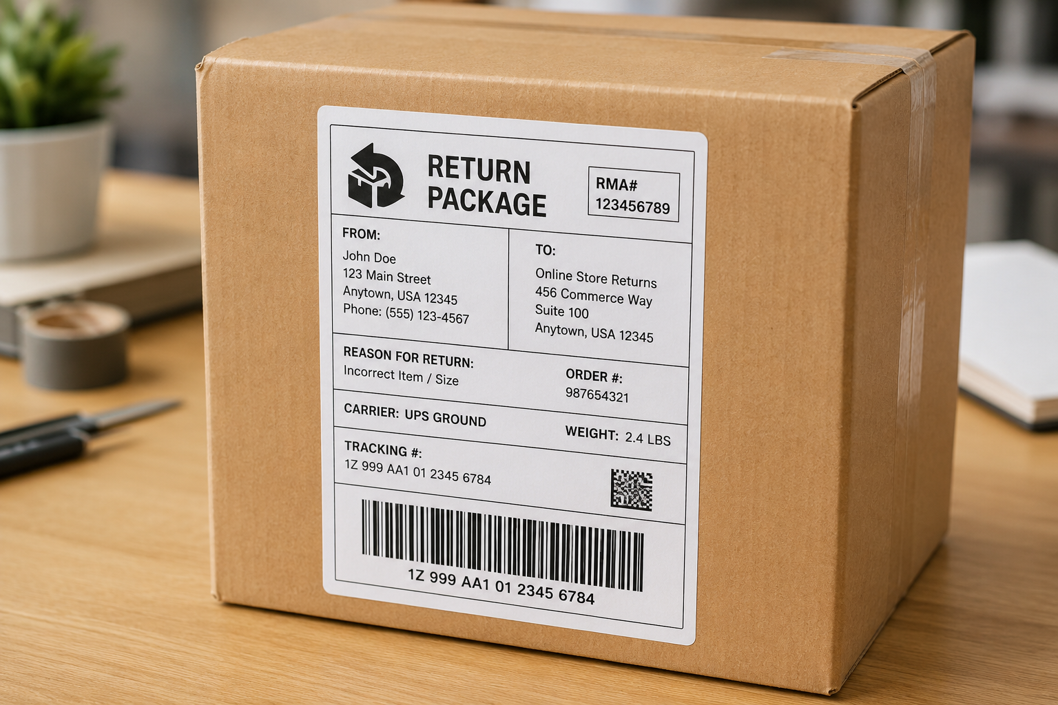 Return package with a shipping label on a cardboard box ready for delivery.