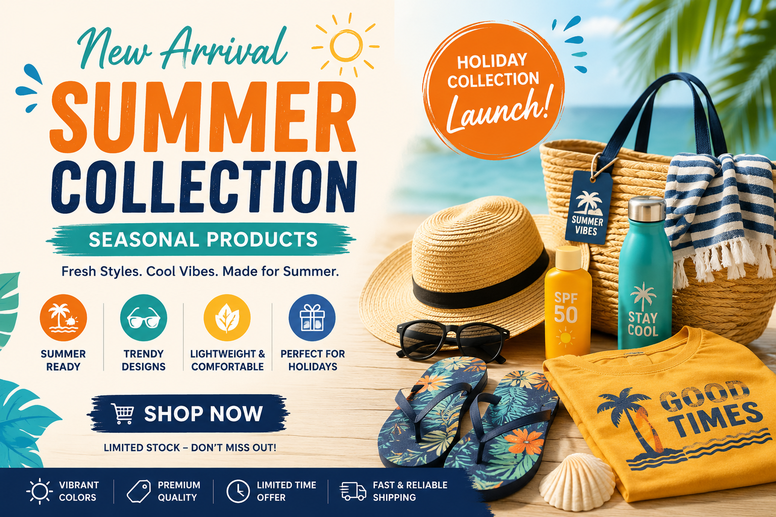 Seasonal products prepared for a holiday and summer collection launch.