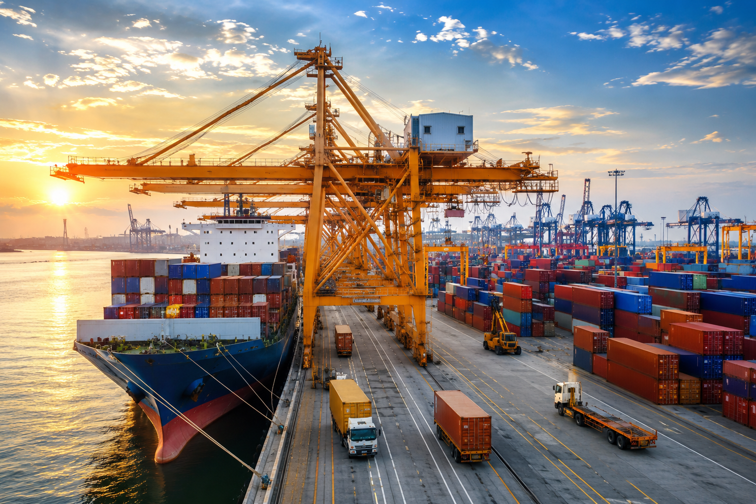 Shipping port with cranes loading cargo containers for global logistics and freight transportation.