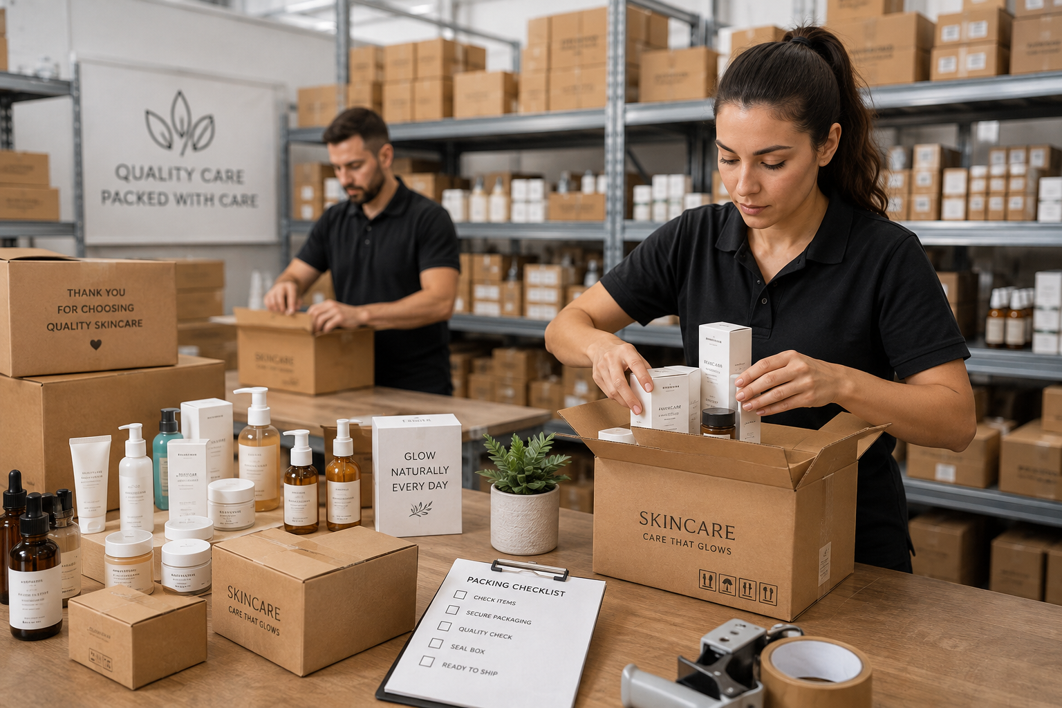 Skincare products packed in boxes at a fulfillment warehouse.