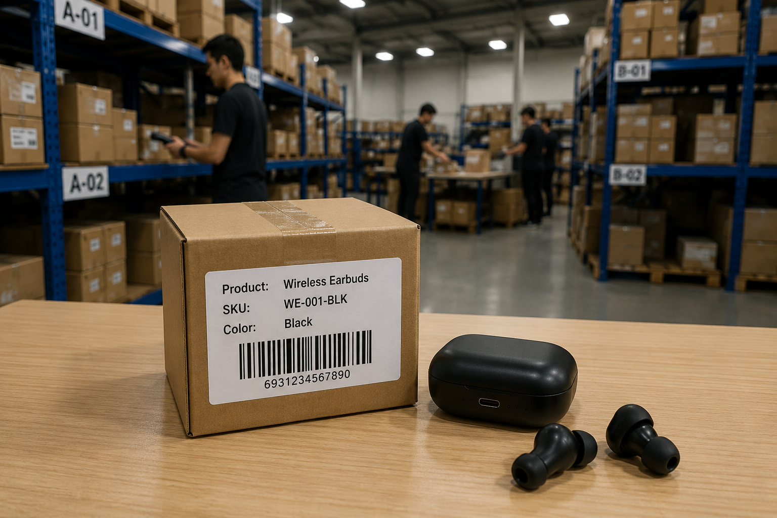Small sample product box package stored in a warehouse.