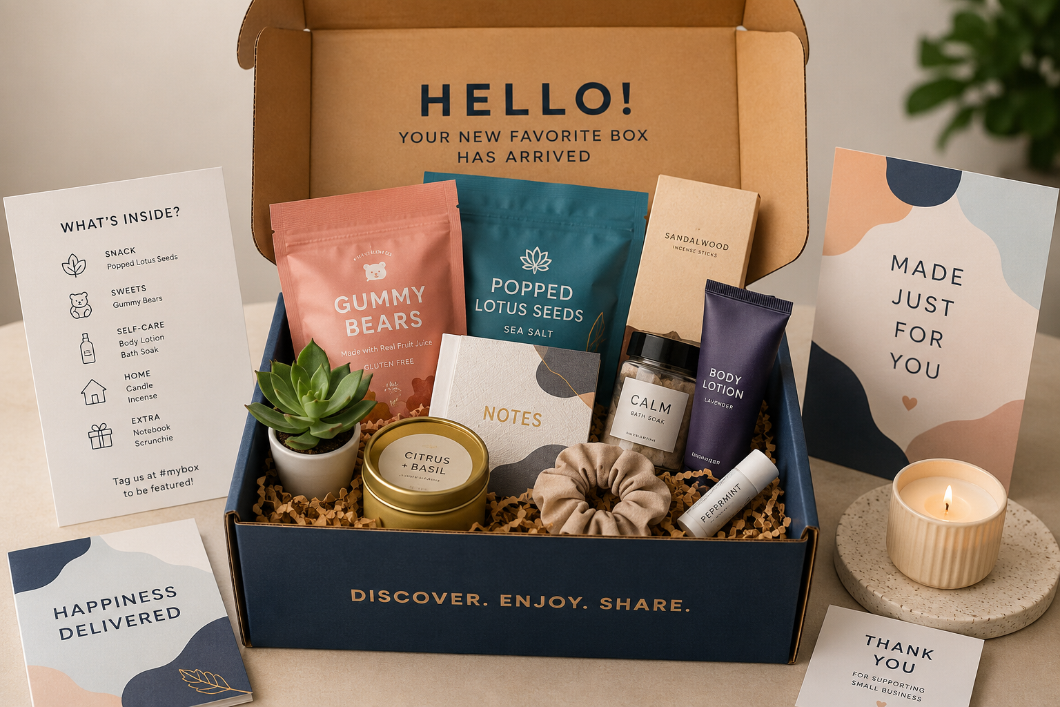 Subscription box with assorted products, snacks, and self-care items neatly arranged.
