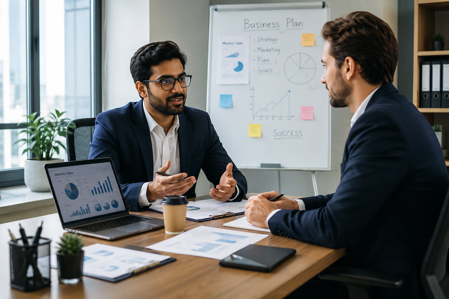Two business professionals discussing a fulfillment contract during a meeting at a table.