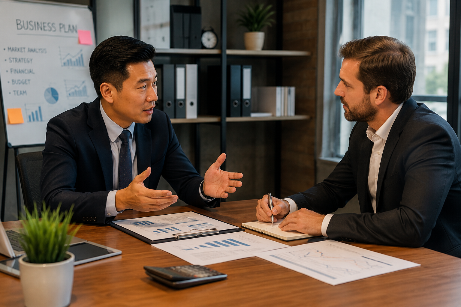 Two people negotiating business terms at a meeting table