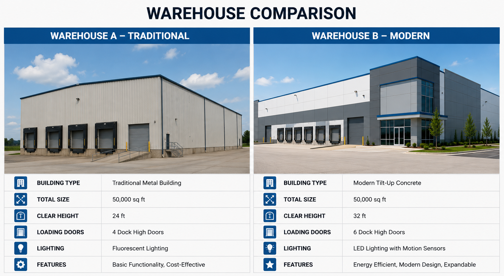Two warehouse buildings side by side for fulfillment comparison.