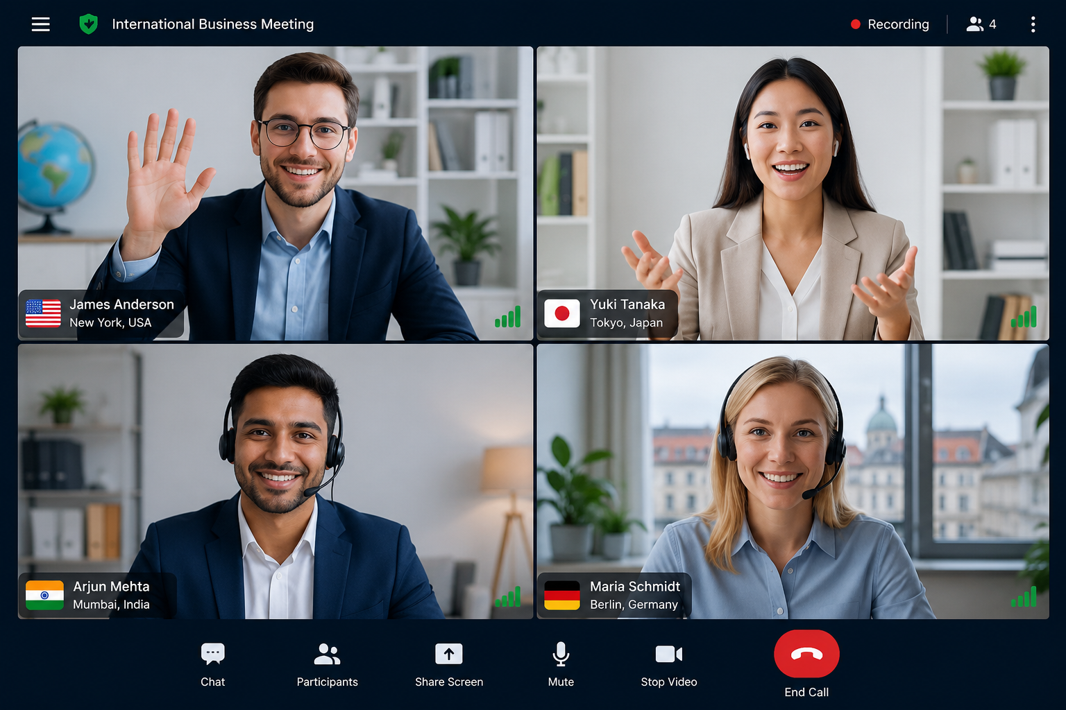 International business video call meeting for effective communication.