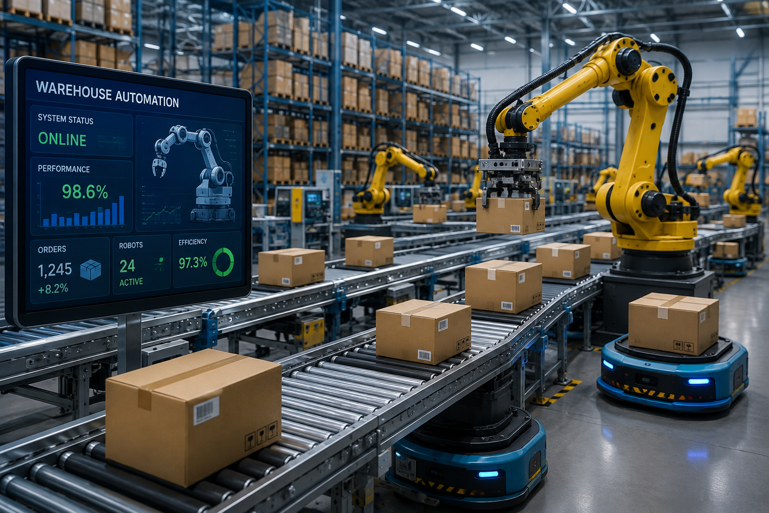 Warehouse automation technology with conveyor system for efficient order fulfillment.